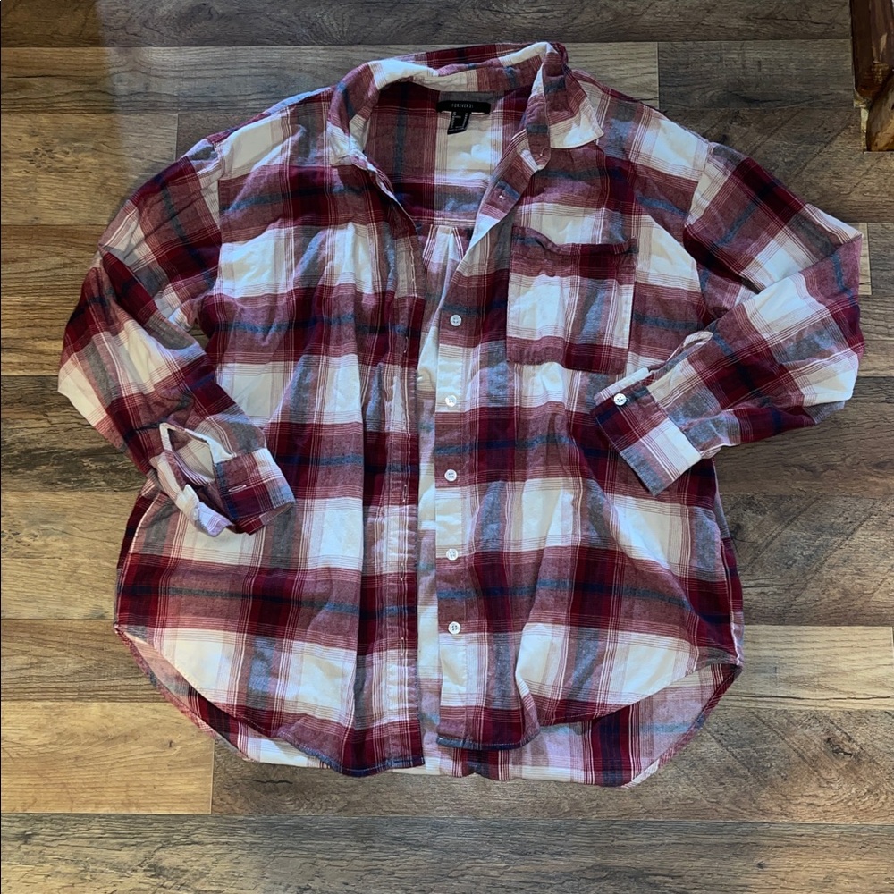Forever 21 Red and White flannel/plaid Button-Up Shirt Oversized M